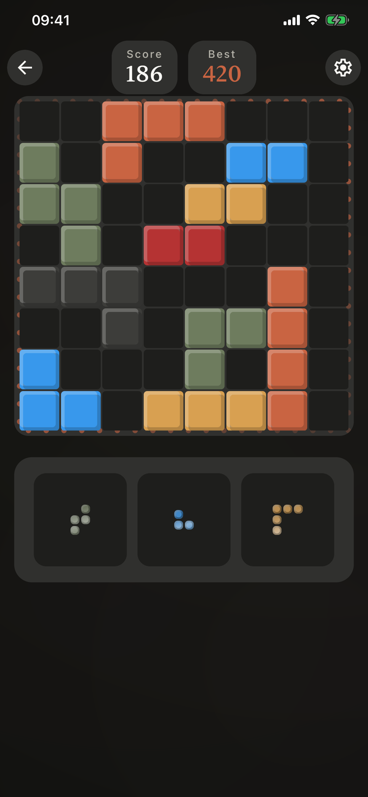 Block Blast gameplay with colorful puzzle pieces and score display
