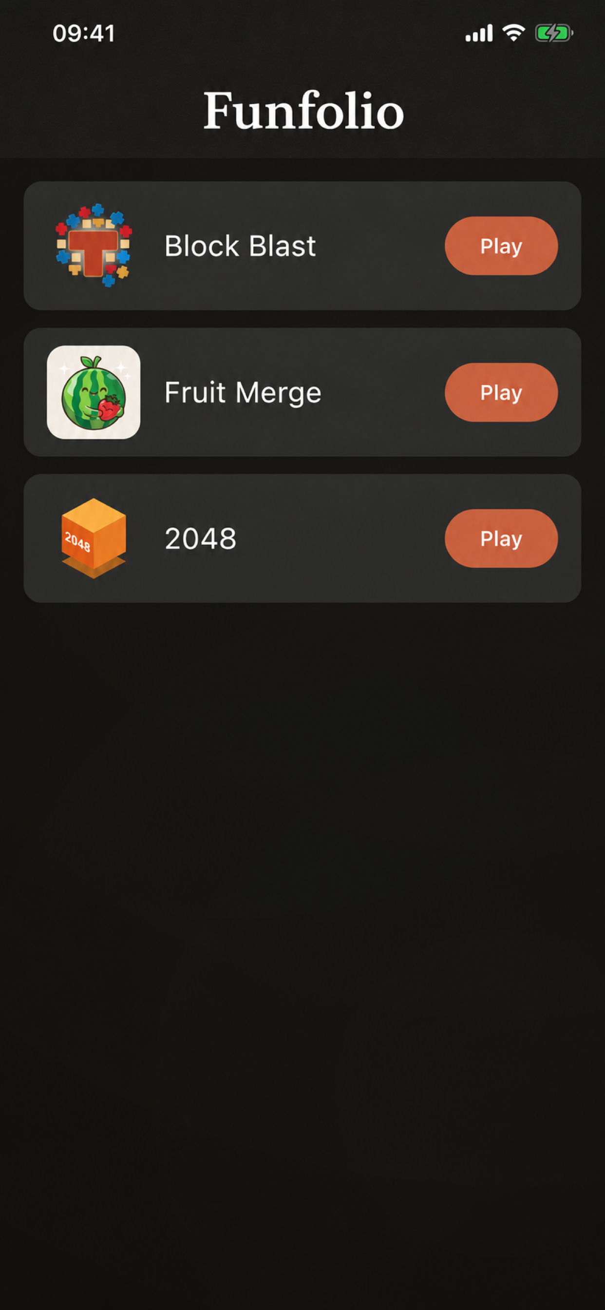 Funfolio game catalog showing Block Blast, Fruit Merge, and 2048